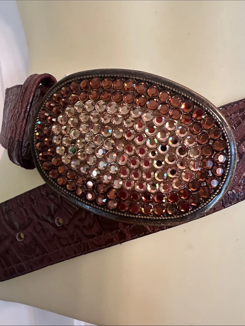 Vintage Elite Accessories Brown Embossed Leather Belt - Rhinestone Oval Buckle
